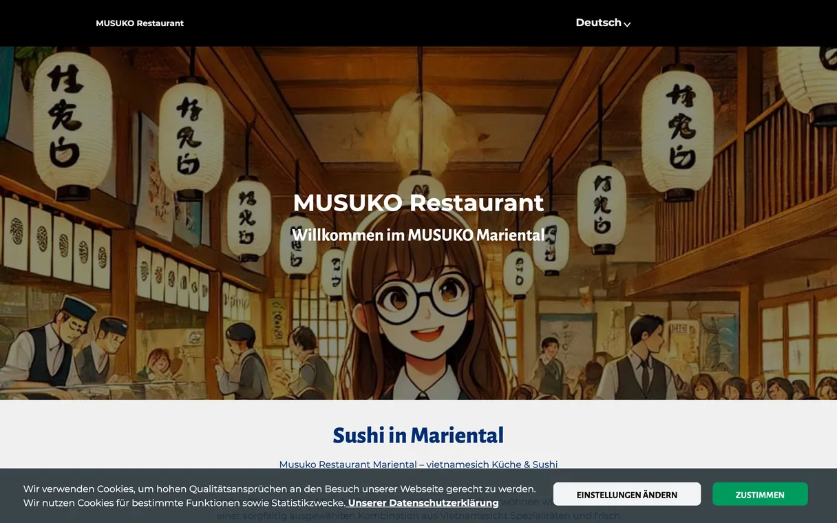 Startseite der alten Musuko-Website: ein gezeichnetes Bild einer Laternengasse mit dem Schriftzug MUSUKO Restaurant und der Zeile Willkommen im MUSUKO Mariental, darunter die Überschrift Sushi in Mariental. Am unteren Rand liegt ein Cookie-Hinweisbalken über dem Inhalt.